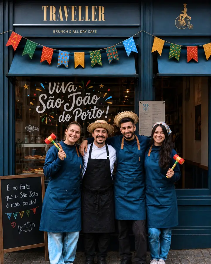 The Traveller team smiling at the café door, under São João festival bunting